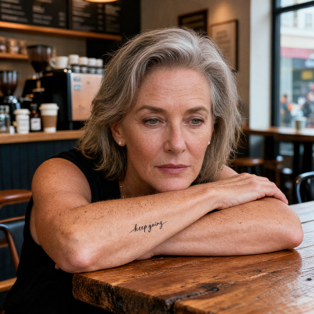Woman sitting alone in a cafe, looking pensive on a hard day, the kind of moment the Courage Kit encouragement gift is made for