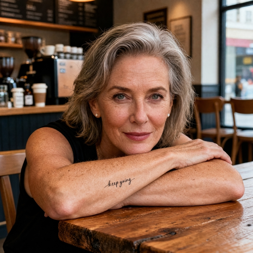 Woman at a cafe table with a Keep Going temporary tattoo on her forearm