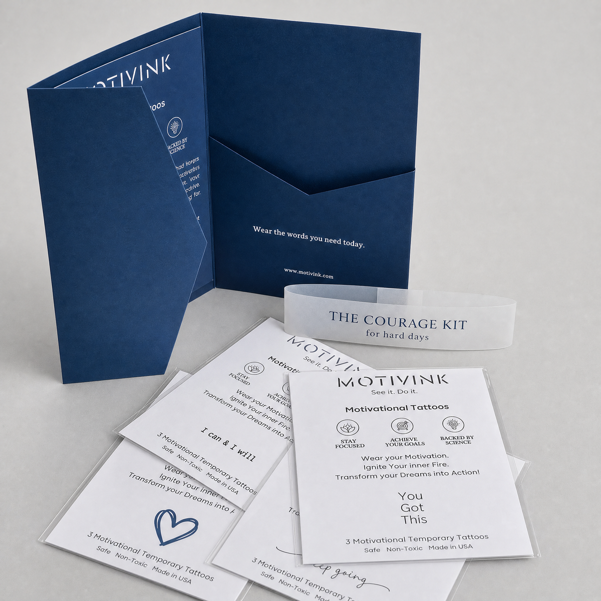 Open Courage Kit folder with I Can & I Will, You Got This and Keep Going tattoo cards