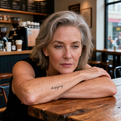 Woman sitting alone in a cafe, looking pensive on a hard day, the kind of moment the Courage Kit encouragement gift is made for