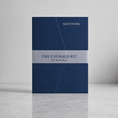 The Courage Kit encouragement gift by MotivInk, navy keepsake folder with 12 motivational temporary tattoos
