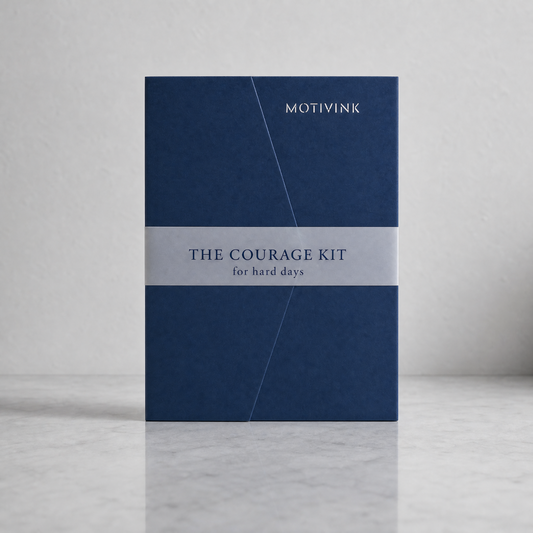 The Courage Kit encouragement gift by MotivInk, navy keepsake folder with 12 motivational temporary tattoos